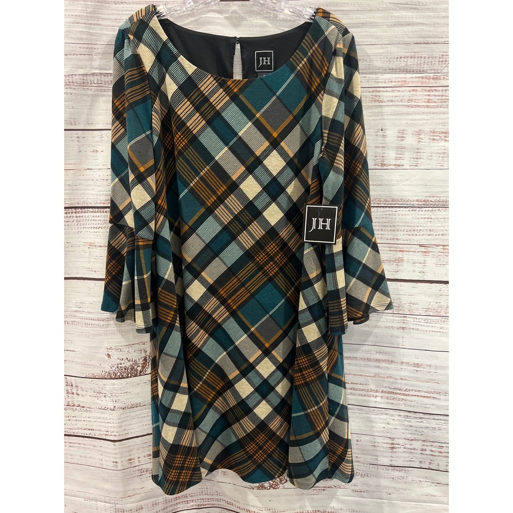 JH Collection Women XL Teal Plaid Bell Sleeve Shift Dress JC3M5382 NWT